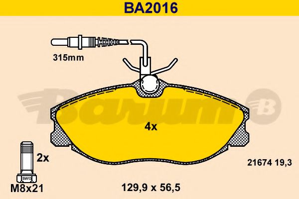 Комплект тормозных колодок, дисковый тормоз BARUM BA2016