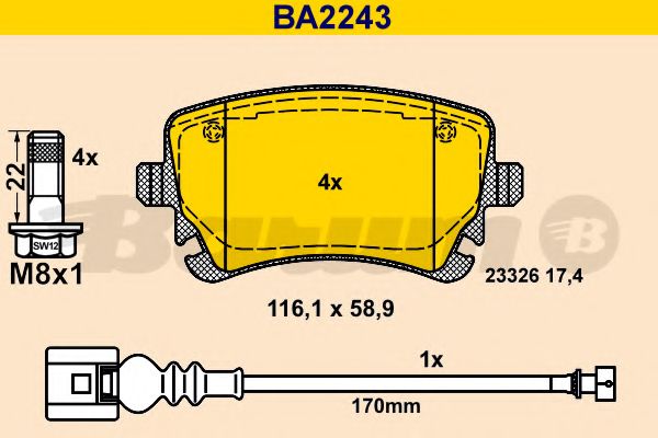 Комплект тормозных колодок, дисковый тормоз BARUM BA2243