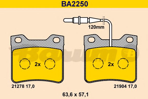 Комплект тормозных колодок, дисковый тормоз BARUM BA2250