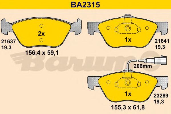 Комплект тормозных колодок, дисковый тормоз BARUM BA2315