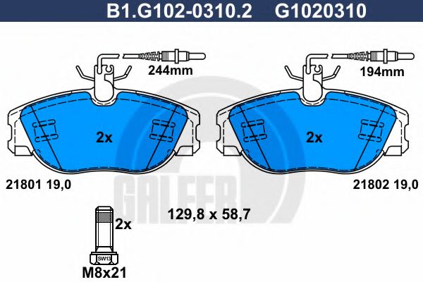 Комплект тормозных колодок, дисковый тормоз GALFER B1.G102-0310.2