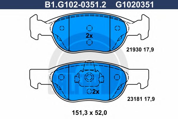 Комплект тормозных колодок, дисковый тормоз GALFER B1.G102-0351.2