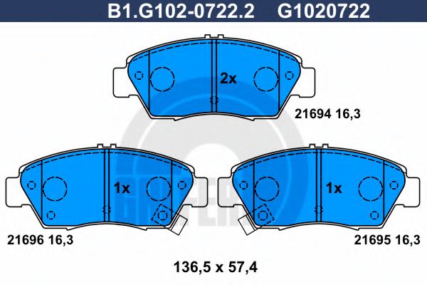 Комплект тормозных колодок, дисковый тормоз GALFER B1.G102-0722.2