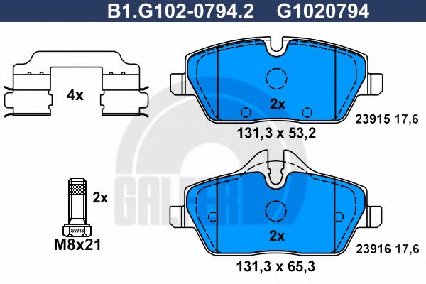 Комплект тормозных колодок, дисковый тормоз GALFER B1.G102-0794.2