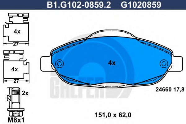 Комплект тормозных колодок, дисковый тормоз GALFER B1.G102-0859.2