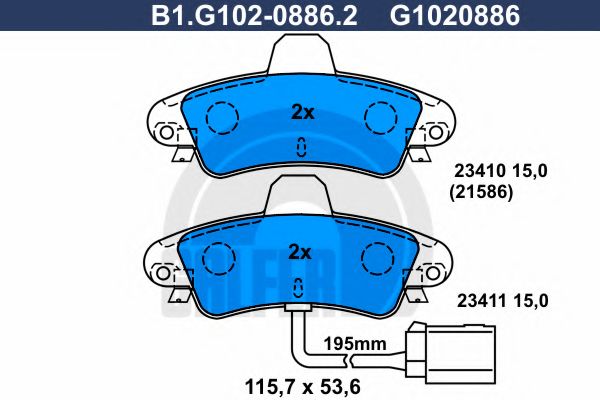 Комплект тормозных колодок, дисковый тормоз GALFER B1.G102-0886.2