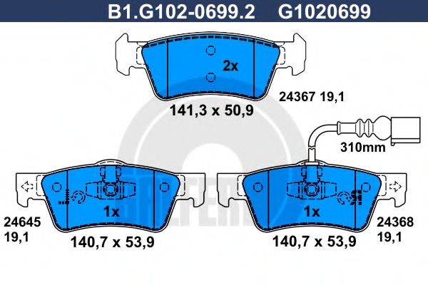 Комплект тормозных колодок, дисковый тормоз GALFER B1.G102-0699.2