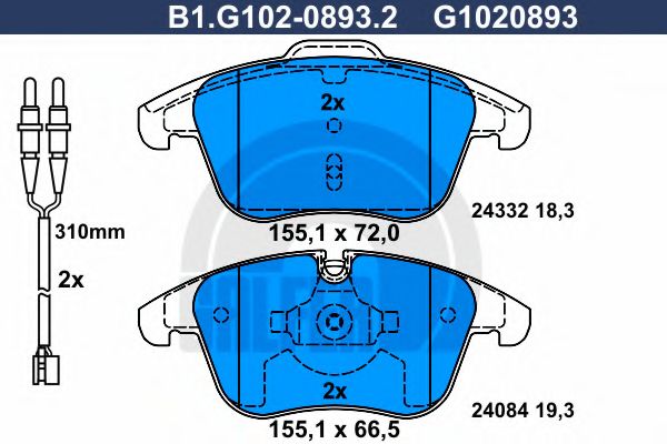 Комплект тормозных колодок, дисковый тормоз GALFER B1.G102-0893.2