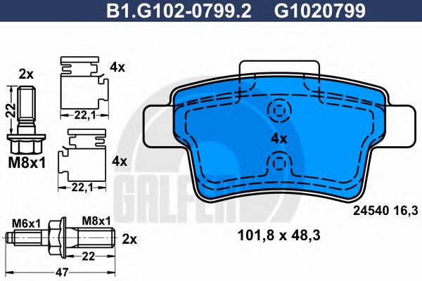 Комплект тормозных колодок, дисковый тормоз GALFER B1.G102-0799.2