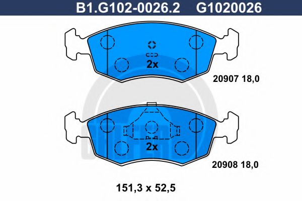 Комплект тормозных колодок, дисковый тормоз GALFER B1.G102-0026.2