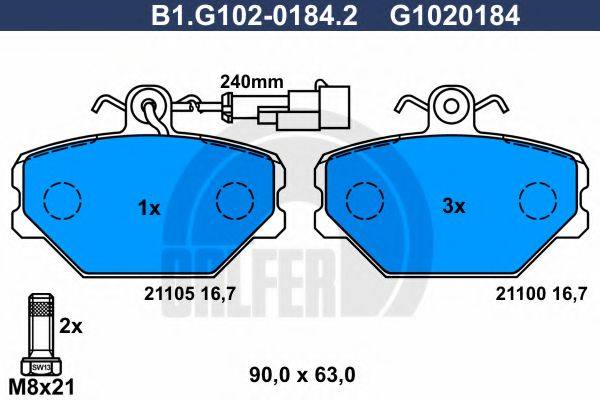 Комплект тормозных колодок, дисковый тормоз GALFER B1.G102-0184.2