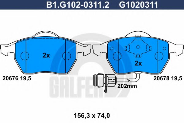 Комплект тормозных колодок, дисковый тормоз GALFER B1.G102-0311.2