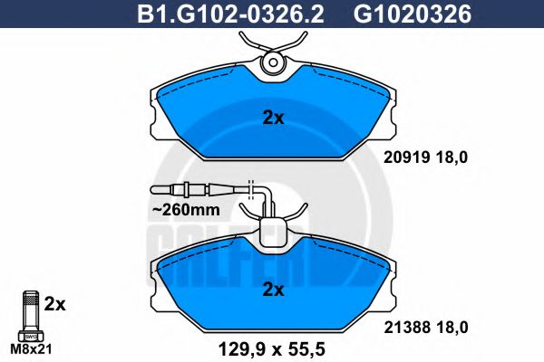 Комплект тормозных колодок, дисковый тормоз GALFER B1.G102-0326.2