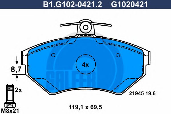 Комплект тормозных колодок, дисковый тормоз GALFER B1.G102-0421.2