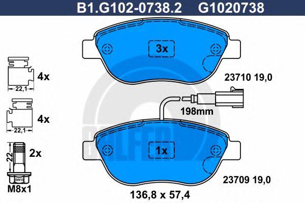 Комплект тормозных колодок, дисковый тормоз GALFER B1.G102-0738.2