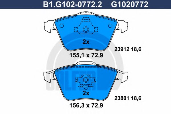 Комплект тормозных колодок, дисковый тормоз GALFER B1.G102-0772.2