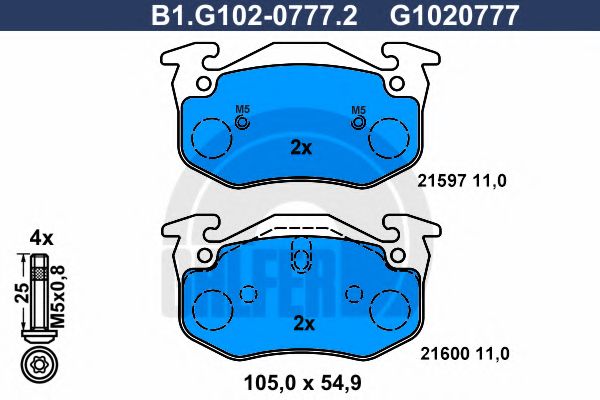 Комплект тормозных колодок, дисковый тормоз GALFER B1.G102-0777.2