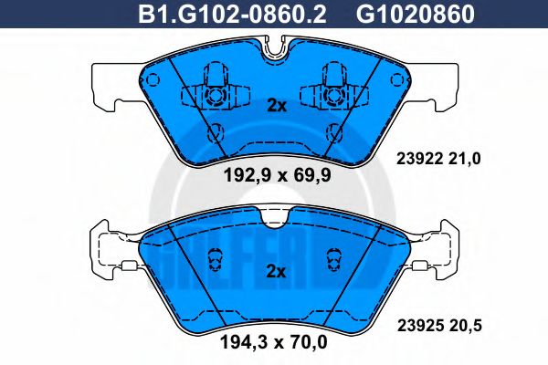 Комплект тормозных колодок, дисковый тормоз GALFER B1.G102-0860.2