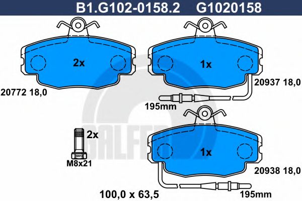 Комплект тормозных колодок, дисковый тормоз GALFER B1.G102-0158.2