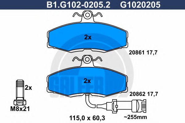 Комплект тормозных колодок, дисковый тормоз GALFER B1.G102-0205.2