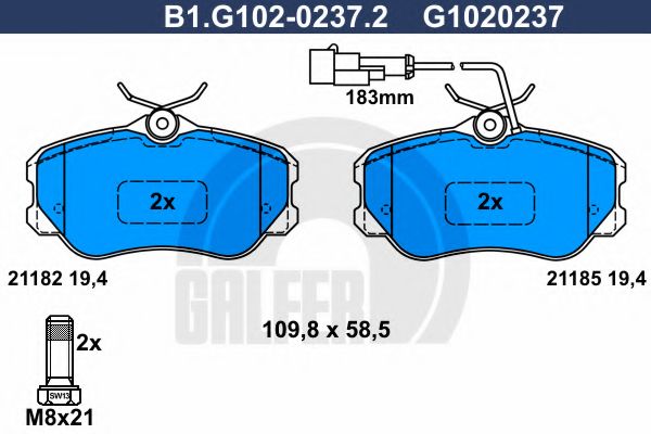 Комплект тормозных колодок, дисковый тормоз GALFER B1.G102-0237.2
