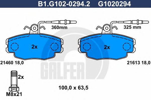 Комплект тормозных колодок, дисковый тормоз GALFER B1.G102-0294.2