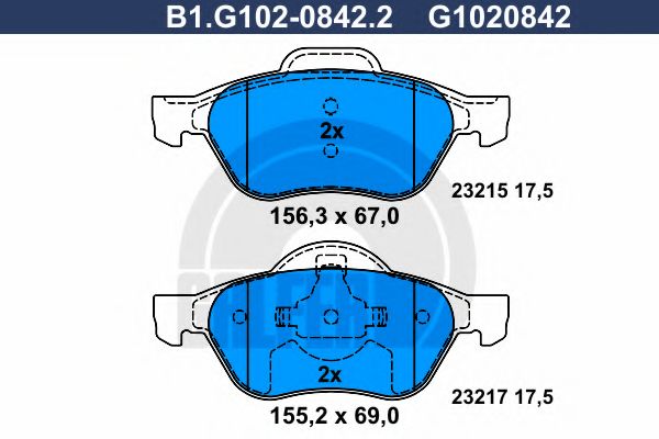 Комплект тормозных колодок, дисковый тормоз GALFER B1.G102-0842.2