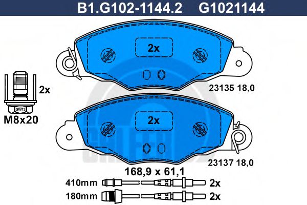 Комплект тормозных колодок, дисковый тормоз GALFER B1.G102-1144.2