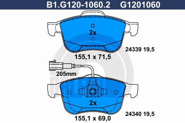 Комплект тормозных колодок, дисковый тормоз GALFER B1.G120-1060.2