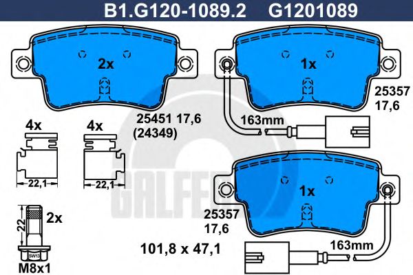 Комплект тормозных колодок, дисковый тормоз GALFER B1.G120-1089.2