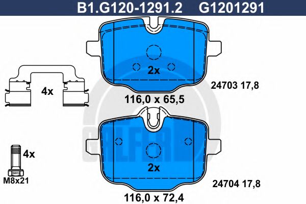 Комплект тормозных колодок, дисковый тормоз GALFER B1.G120-1291.2