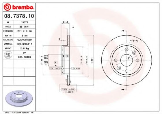 Тормозной диск BREMBO 08.7378.10