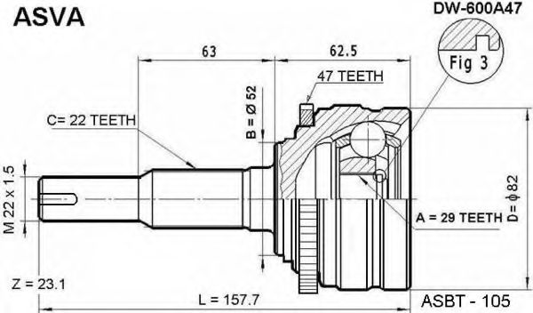 Шарнирный комплект, приводной вал ASVA DW-600A47