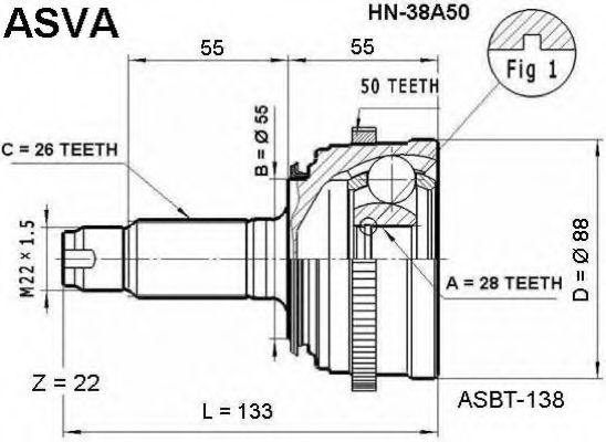 Шарнирный комплект, приводной вал ASVA HN-38A50