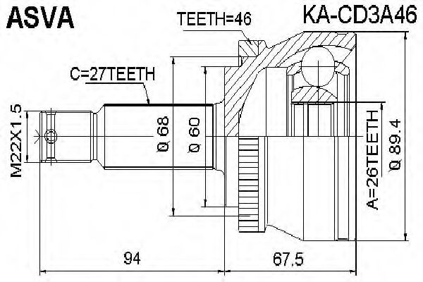 Шарнирный комплект, приводной вал ASVA KA-CD3A46