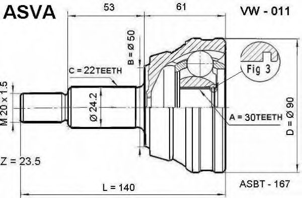 Шарнирный комплект, приводной вал ASVA VW-011