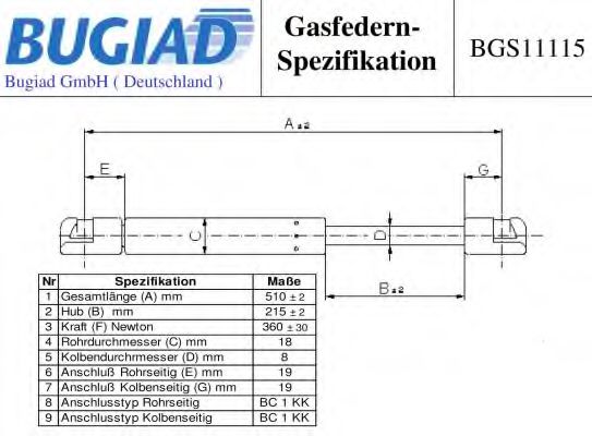 Газовая пружина, крышка багажник BUGIAD BGS11115