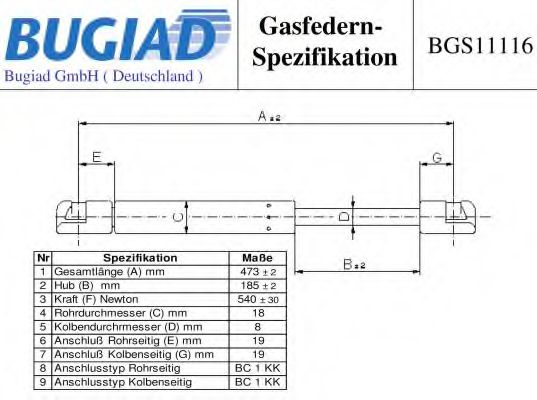 Газовая пружина, крышка багажник BUGIAD BGS11116