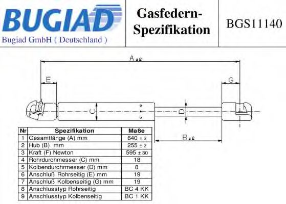 Газовая пружина, крышка багажник BUGIAD BGS11140