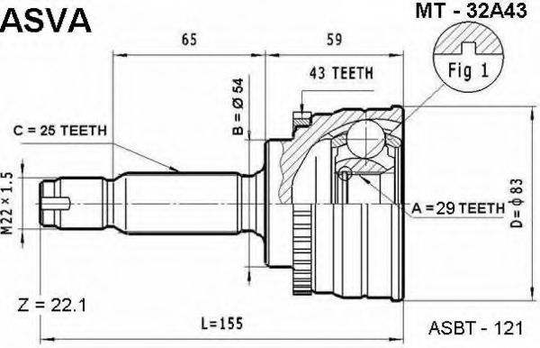 Шарнирный комплект, приводной вал ASVA MT-32A43