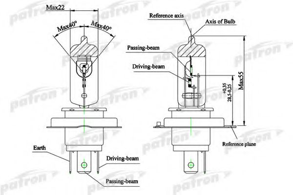 Лампа накаливания, фара дальнего света; Лампа накаливания, основная фара; Лампа накаливания, противотуманная фара; Лампа накаливания, основная фара; Лампа накаливания, фара дальнего света; Лампа накаливания, противотуманная фара PATRON PLH4-100/90