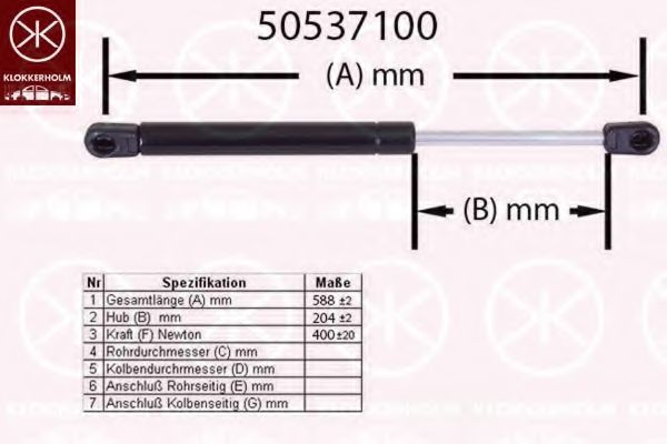 Газовая пружина, крышка багажник KLOKKERHOLM 50537100