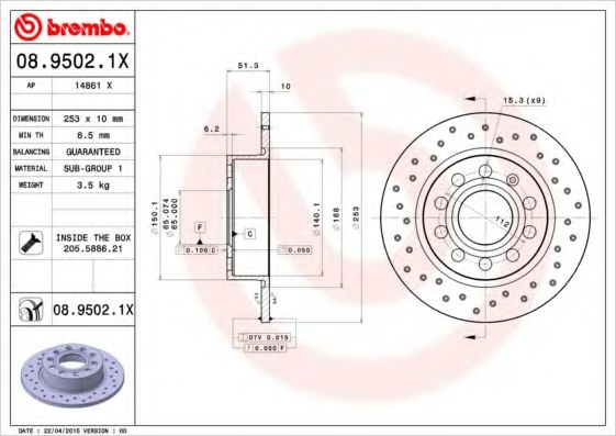 Тормозной диск BREMBO 08.9502.1X