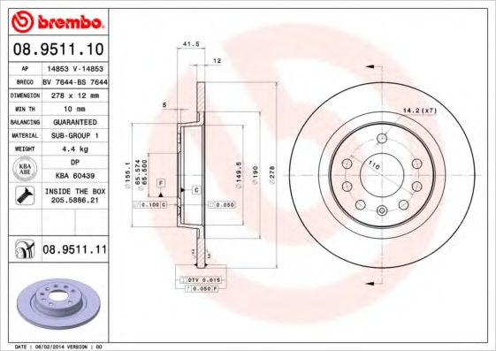 Тормозной диск BREMBO 08.9511.10