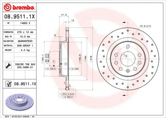 Тормозной диск BREMBO 08.9511.1X