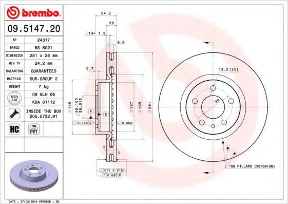 Тормозной диск BREMBO 09.5147.20