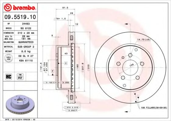 Тормозной диск BREMBO 09.5519.10