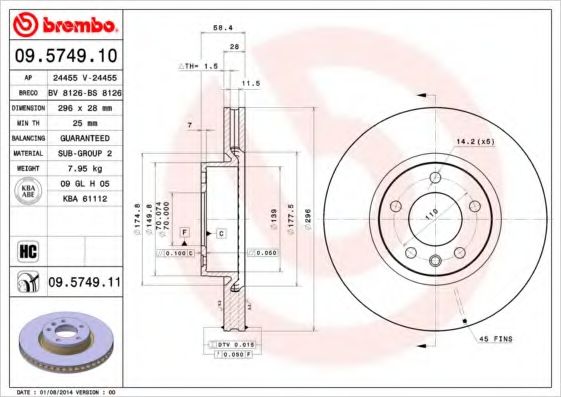 Тормозной диск BREMBO 09.5749.10