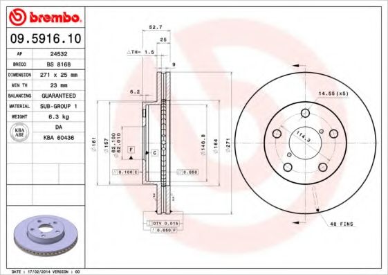 Тормозной диск BREMBO 09.5916.10