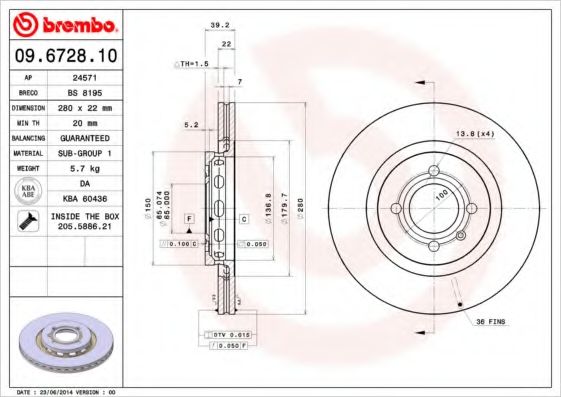 Тормозной диск BREMBO 09.6728.10
